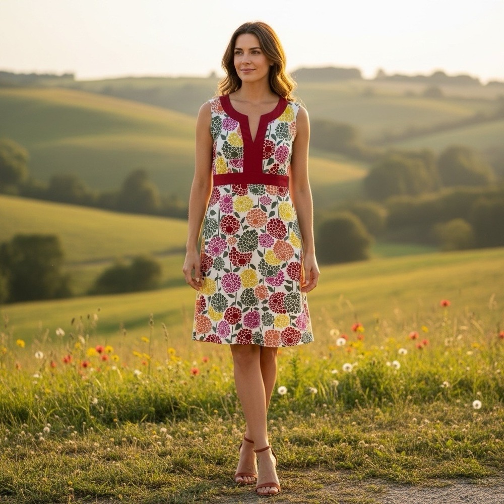 BODEN Size 8R Floral Sleeveless V-Neck Lined Spring 100% Cotton Shift Dress NWOT